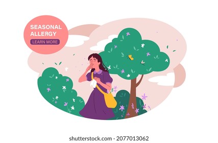 Seasonal allergy concept. Young woman walks in park and sneezes due to allergic reaction to plant pollen. Landing page design. Cartoon modern flat vector illustration isolated on white background