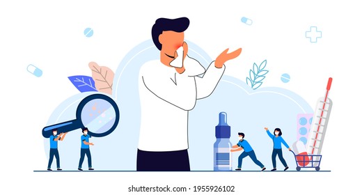 Seasonal allergy Seasonal allergy diagnosis Pollen allergy immunotherapy concept Illness with cough, cold and sneeze symptoms Flat tiny anaphylaxis person vector isolated illustration