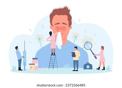 Seasonal allergy to flower pollen vector illustration. Cartoon tiny people give handkerchief to sick man with runny nose and flu, doctors with magnifying glasses examine allergens and dust in air