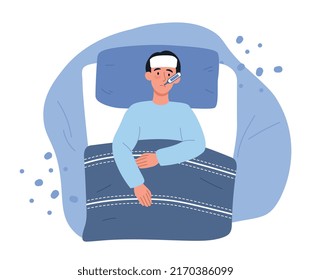 Seasonal allergy or flu concept. Young sick man lies in bed with thermometer in his mouth. Feeling unwell, having cold or high fever. Treatment of illness and rest. Cartoon flat vector illustration