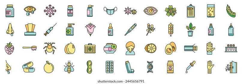 Seasonal allergy icons set outline vector. Sneeze flu. Season tissue thin line color flat on white