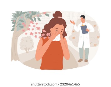 Seasonal allergy isolated concept vector illustration. Pollen allergy immunotherapy, allergic disease diagnostics, seasonal allergy test, nasal congestion, specialist counseling vector concept.