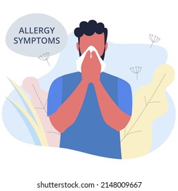 Seasonal Allergy. Man Sneezing From Pollen And Flowers Allergy