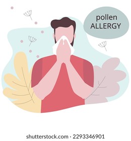 Seasonal allergy. Man sneezing from pollen and flowers allergy