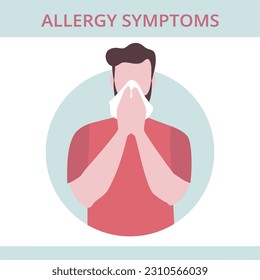 Seasonal allergy. Man sneezing from pollen and flowers allergy