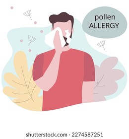 Seasonal allergy. Man with teary eyes. pollen and flowers allergy