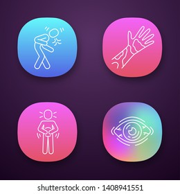 Seasonal allergy symptoms app icons set. Allergic conjunctivitis, eye inflammation. UI/UX user interface. Web or mobile applications.  Stomach ache, nausea. Vector isolated illustrations