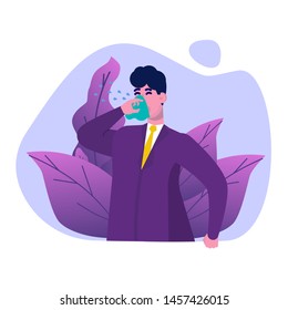 Seasonal allergy vector illustration. Office man with allergy symptoms - health landing page, banner template
