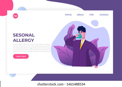Seasonal allergy vector illustration. Office man with allergy symptoms - health landing page, banner template
