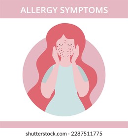 Seasonal allergy. Woman with red skin rash. Woman scratching skin on her face