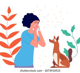 Seasonal allergy. Woman sneeze on pollen, allergic girl on animal plants flowers. Flu symptoms, sick female with dog utter vector concept