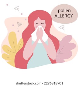 Seasonal allergy. Woman sneezing from pollen and flowers allergy