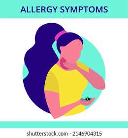 Seasonal allergy. woman with a sore throat. Itchy throat, allergies and nuts