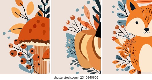 Seasonal autumn, banners with mushroom, pumpkin, colorful leaves, cute fox, berries. Perfect for online use, banners, cards, and Thanksgiving decor. Vector illustration