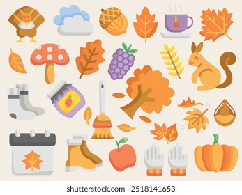 Seasonal autumn element collection in flat style.Vector illustration