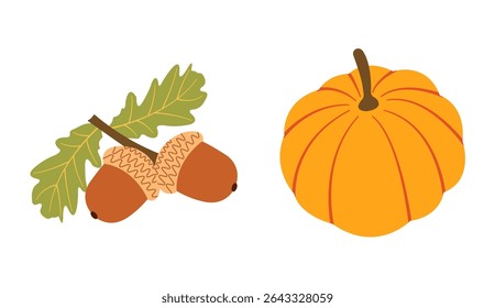 Seasonal autumn flat vectors: pumpkins, Chestnuts, acorns on branch for creative use. Hand drawn set for banners, cards, social media