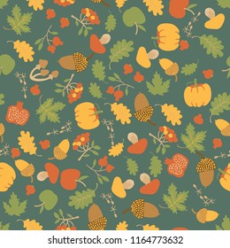 Seasonal autumn floral seamless pattern with maple oak leaves pumpkins apples berries mushrooms and acorns vector illustration