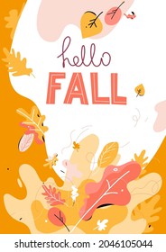Seasonal autumn illustration. Template with abstract leaves. Trendy Fall drawn leaves and abstract seasonal elements.