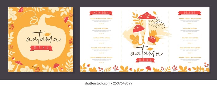 Seasonal Autumn menu design with autumn floral attributes. Vector illustration