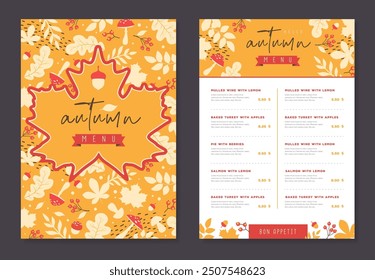 Seasonal Autumn menu design with autumn floral attributes. Vector illustration