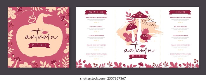 Seasonal Autumn menu design with autumn floral attributes. Vector illustration