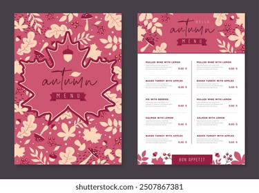 Seasonal Autumn menu design with autumn floral attributes. Vector illustration