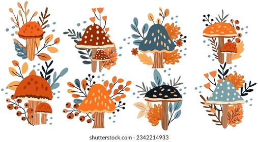 Seasonal autumn with mushroom, colorful leaves, berries. Perfect for online use, banners, cards, and Thanksgiving decor. Vector illustration