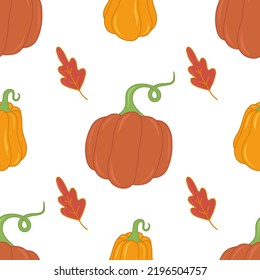 Seasonal autumn pumpkin and leaves vector seamless pattern. Cute pumpkin print. Seasonal vegetable. Cozy background for banners, wallpapers, wrapping paper. Harvest festival. Pumpkin spice and taste