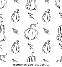 Seasonal autumn pumpkin and leaves vector seamless pattern. Cute pumpkin print. Seasonal vegetable. Cozy background for banners, wallpapers, wrapping paper. Harvest festival. Pumpkin spice and taste