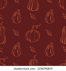 Seasonal autumn pumpkin and leaves vector seamless pattern. Cute pumpkin print. Seasonal vegetable. Cozy background for banners, wallpapers, wrapping paper. Harvest festival. Pumpkin spice and taste