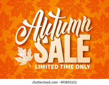 Seasonal autumn sale ad banner with autumn maple leaves. Lettering with calligraphic inscription Autumn Sale. Vector stock illustration.