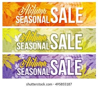 Seasonal autumn sale backgrounds set with autumn leaves. Lettering with calligraphic inscription Autumn Sale. Vector stock illustration.