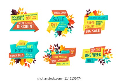 Seasonal autumn sale and discount emblems set. Price off or reduction logos with leaves, special fall offer stickers vector illustrations isolated.