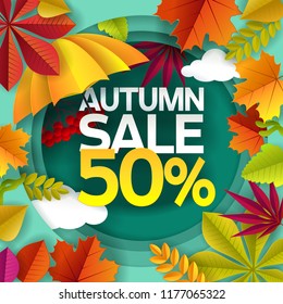 Seasonal autumn sale poster banner design template. Vector paper cut autumn frame with leaves, umbrella, clouds and lettering.