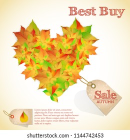 Seasonal autumn sale poster with birch leaves heart shape and price tag on light background vector illustration