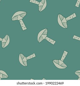 Seasonal autumn seamless pattern with grey random contoured mushroom print. Turquoise background. Graphic design for wrapping paper and fabric textures. Vector Illustration.
