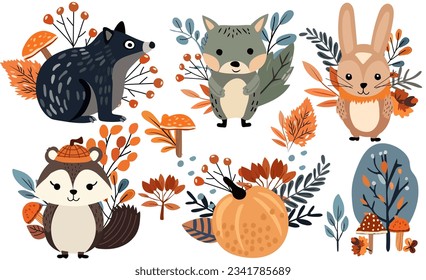 Seasonal autumn set, wildlife, veggies, colorful tree, leafage. Harvest festival Thanksgiving icons, including cute rabbit, funny raccoon, mole. Vector illustration