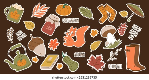 Seasonal Autumn stickers set in flat style.