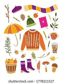 Seasonal autumn vector set. Cute autumn symbols: sweater, clothes, umbrella and nature elements. Welcome fall vector collection