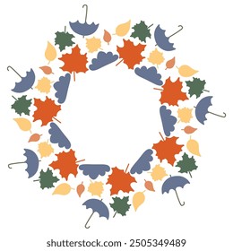 Seasonal Autumn Wreath made of Fall Leaves, Umbrella and Cloud. Rainy Weather Concept. Flat cartoon Vector Frame with Space for text. Hand drawn Color Border for Card, Poster,