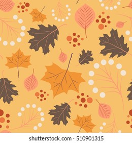 Seasonal autumn/fall pattern featuring oak and maple leaves along with some other nature goods and elements on a bright orange background. Vector seamless background with isolated objects.