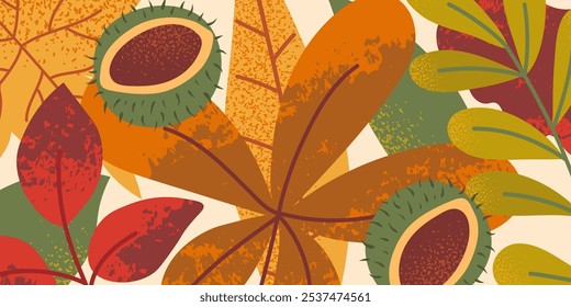 Seasonal background. Autumn concept. Abstract textured leaves and chestnut in warm colors. Trendy flat vector. For wallpaper, backdrop, cover, label, poster.