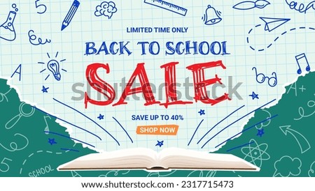 Seasonal background for Back to school sale. Vector collage with cut out book with torn paper, doodle elements. Retro banner concept for Back to school sale. Discount offer.
