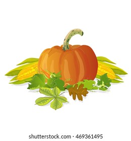 Seasonal background with plump pumpkins, corn and leaves