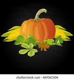 Seasonal background with plump pumpkins, corn and leaves