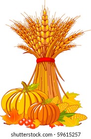 Seasonal background with plump pumpkins, wheat, corn and autumn leaves