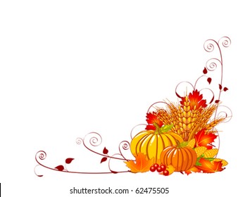 Seasonal background with plump pumpkins, wheat, corn and autumn leaves