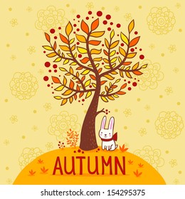 Seasonal background with tree and rabbit.  Autumn card.