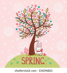Seasonal background with tree and rabbit.  Spring card.