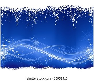 Seasonal background with an wavy line pattern at the bottom third embellished with stars, snow flakes, grunge elements.